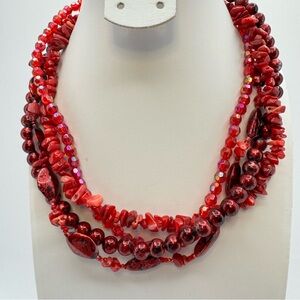 Red Multi Strand Acrylic & Red Coral Beaded Statement Necklace 17–20”